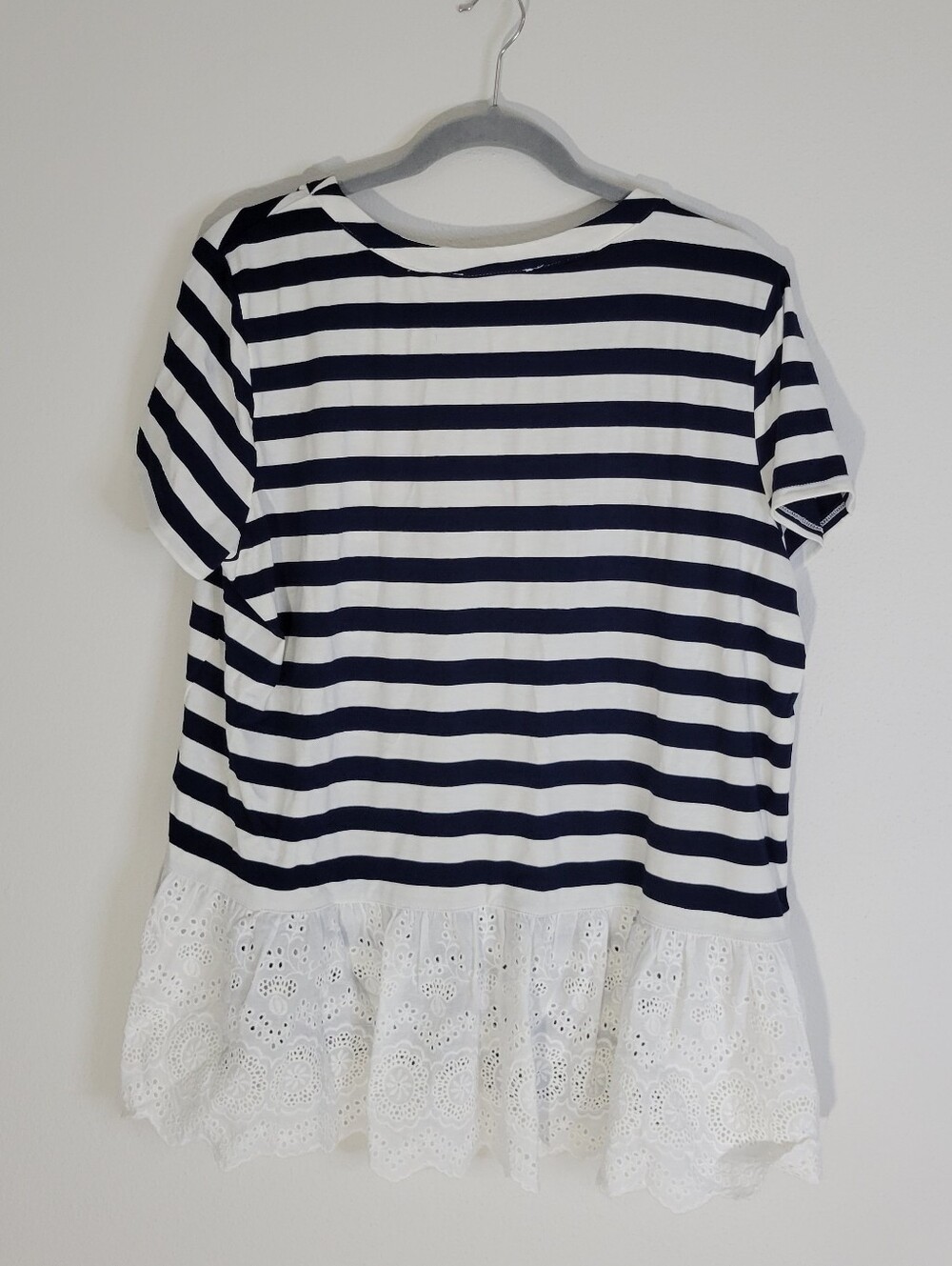 Skies Are Blue Navy and White Striped Navy and White Striped Tee with Lace Hem. - Picture 5 of 8